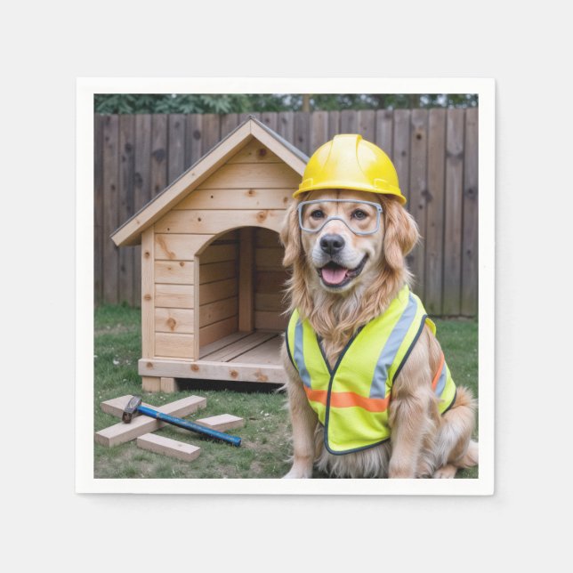 Golden Retriever Wearing a Hard Hat and Vest Napkin (Front)