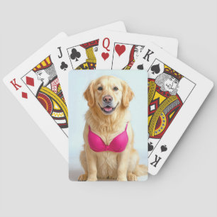 Golden Retriever Wearing a Pink Bra Playing Cards