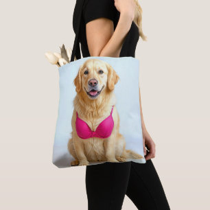 Golden Retriever Wearing a Pink Bra Tote Bag
