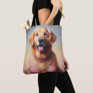 Golden Retriever Wearing a Pink Bra Tote Bag