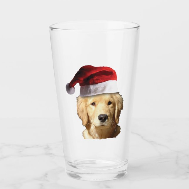 Golden Retriever wearing a Santa Claus Hat Glass (Front)