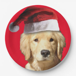 Golden Retriever wearing a Santa Claus Hat Paper Plate