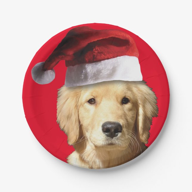 Golden Retriever wearing a Santa Claus Hat Paper Plate (Front)