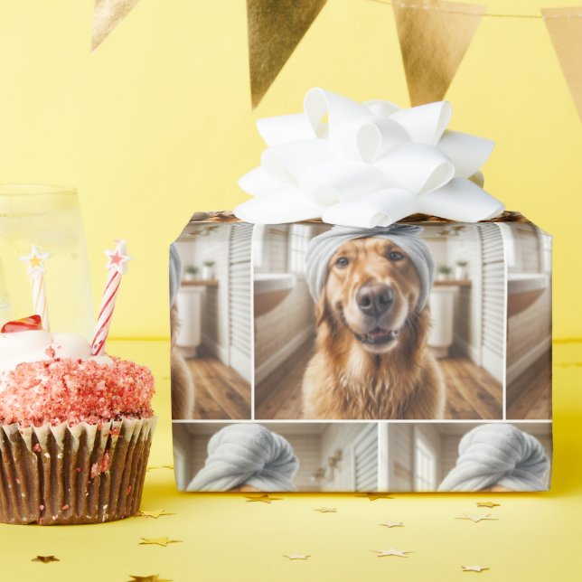 Golden Retriever Wearing a Towel Turban Wrapping Paper (Birthday Party)