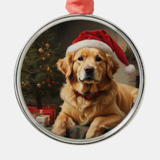 Golden Retriever Wearing Santa Hat Metal Tree Decoration
