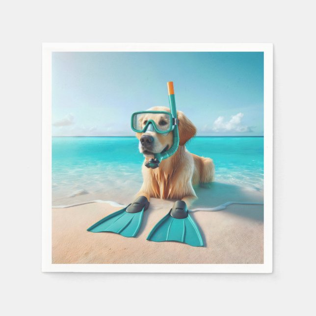 Golden Retriever Wearing Snorkel and Flippers Napkin (Front)