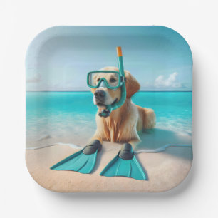 Golden Retriever Wearing Snorkel and Flippers Paper Plate