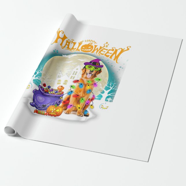 Golden Retriever Witch Costumes  Halloween Lights Wrapping Paper (Unrolled)
