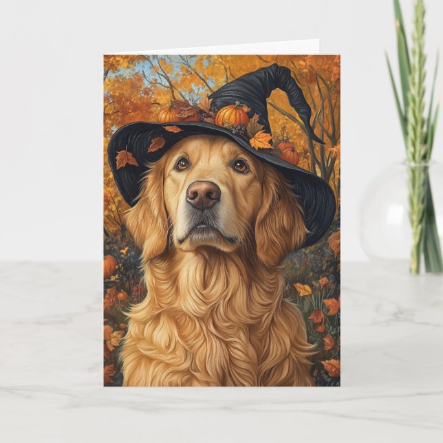 Golden Retriever Witch Halloween Holiday Card (Front)