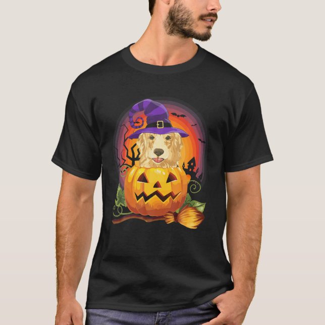 Golden Retriever Witch Pumpkin Halloween Dog Lover T-Shirt (Front)
