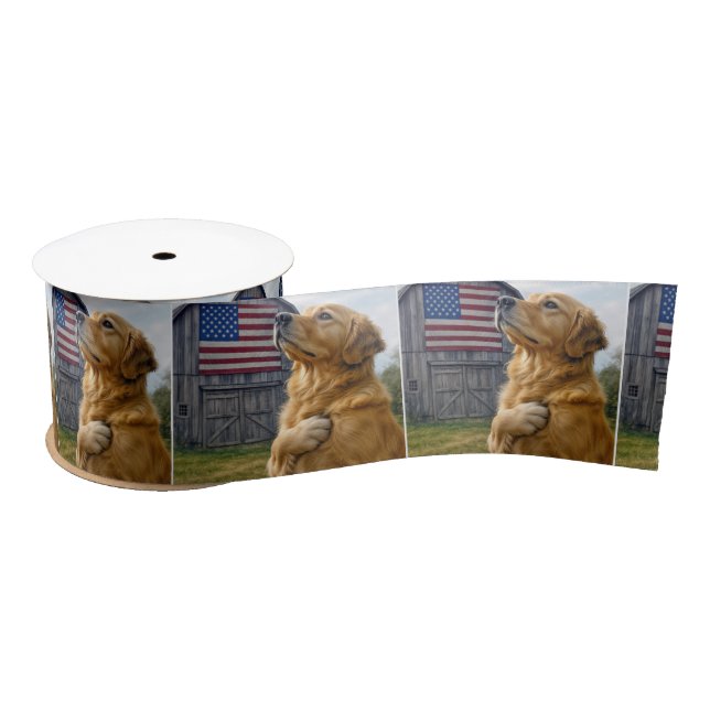 Golden Retriever With a Barn American Flag Satin Ribbon (Spool)