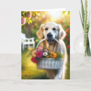 Golden Retriever With a Birthday Flower Basket Card
