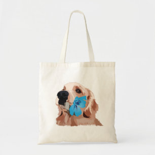Golden Retriever with a Blue Flower Tote Bag