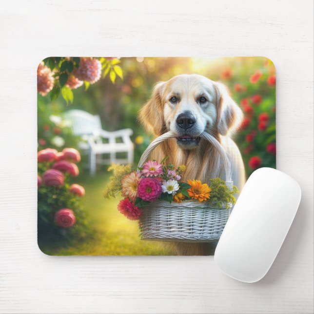 Golden Retriever With a Flower Basket Mouse Mat (With Mouse)