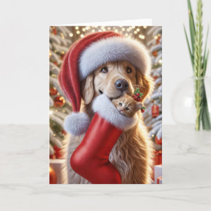 Golden Retriever With a Kitten In a Stocking Holiday Card