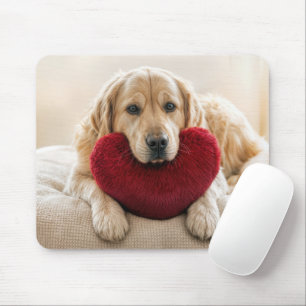 Golden Retriever With a Red Heart Pillow Mouse Mat
