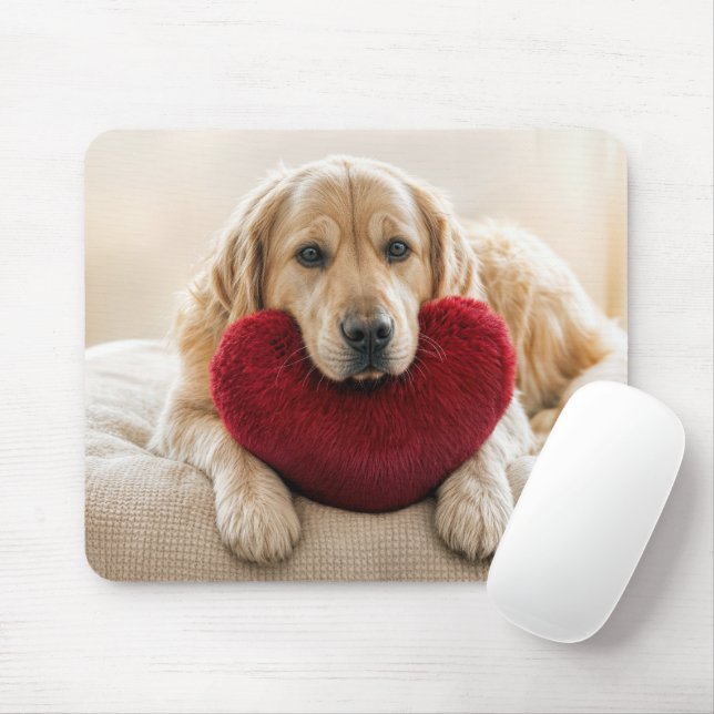 Golden Retriever With a Red Heart Pillow Mouse Mat (With Mouse)