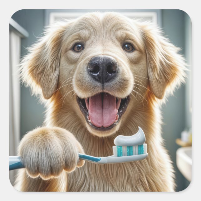 Golden Retriever With a Toothbrush Square Sticker (Front)