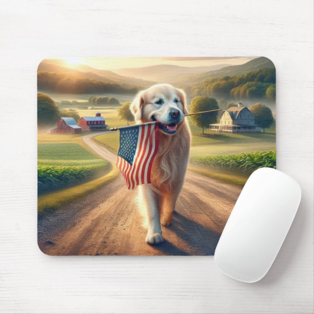 Golden Retriever With American Flag Mouse Mat (With Mouse)