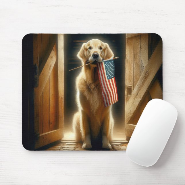 Golden Retriever With American Flag Mouse Mat (With Mouse)