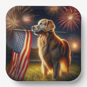 Golden Retriever With American Flag Paper Plate