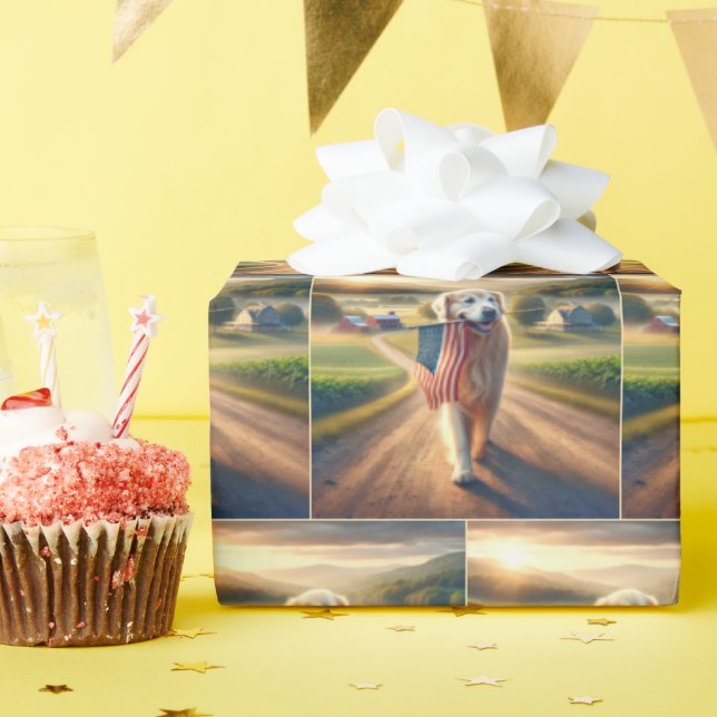 Golden Retriever With American Flag Wrapping Paper (Birthday Party)