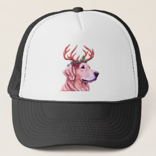 Golden retriever with antlers and holiday wreath trucker hat