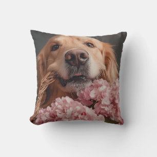 Golden retriever with basket of pink hydrangeas cushion