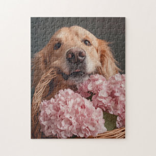 Golden retriever with basket of pink hydrangeas  jigsaw puzzle