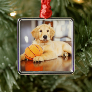 Golden Retriever With Basketball Toy Metal Tree Decoration