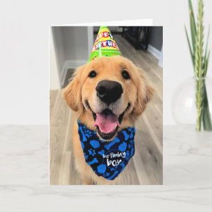 Golden Retriever with Birthday Hat and Bandanna Card