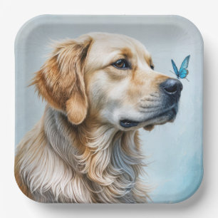 Golden Retriever With Blue Butterfly Paper Plate