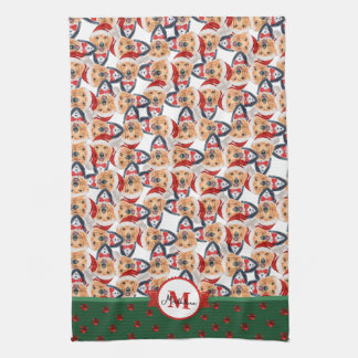 Golden Retriever With Bow Monogram Christmas Dog Tea Towel