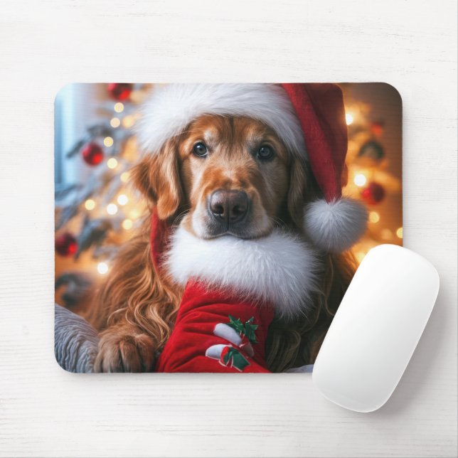 Golden Retriever With Christmas Stocking Mouse Mat (With Mouse)