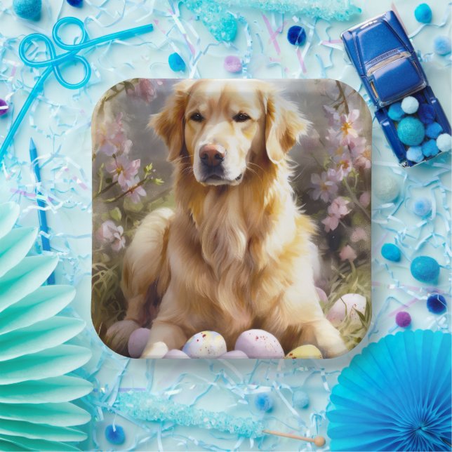 Golden Retriever with Easter Eggs Paper Plate (Party)