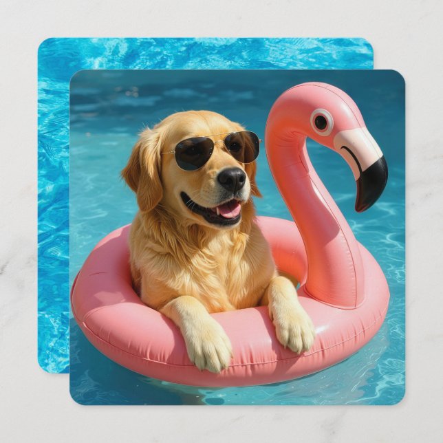 Golden Retriever With Flamingo Pool Party Invitation (Front/Back)