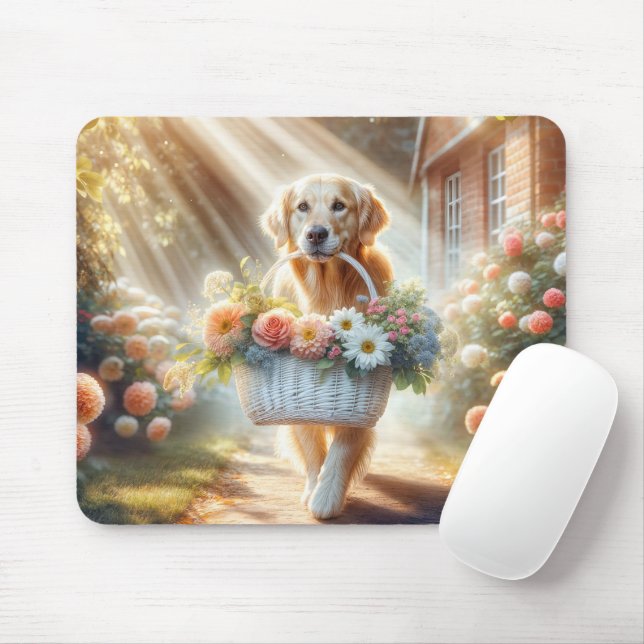 Golden Retriever With Flower Basket Mouse Mat (With Mouse)