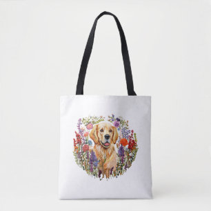 Golden retriever with flowers floral Embroidery vi Tote Bag