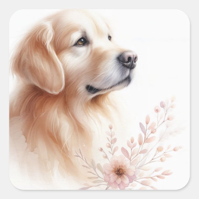 Golden Retriever With Flowers Watercolor Square Sticker (Front)