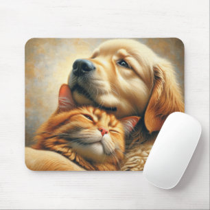 Golden Retriever With Ginger Cat Mouse Mat