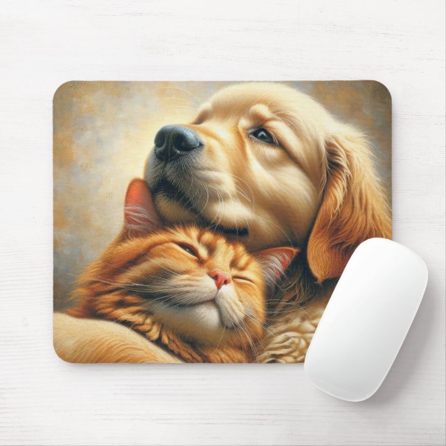 Golden Retriever With Ginger Cat Mouse Mat (With Mouse)