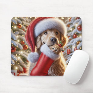 Golden Retriever With Ginger Kitten In a Stocking Mouse Mat