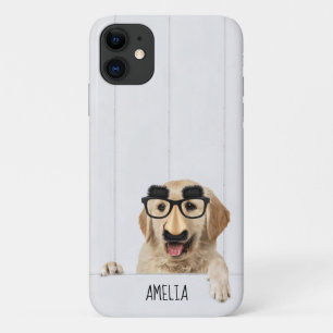 Golden Retriever with glasses on white wood iPhone 11 Case