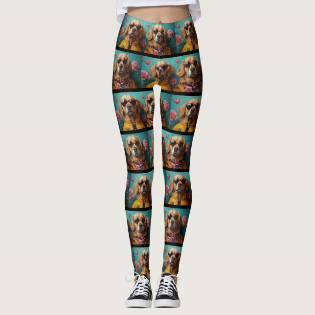 Golden Retriever With Heart Roses Valentine's Day Leggings (Front)