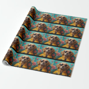Golden Retriever With Heart Roses Valentine's Day Wrapping Paper