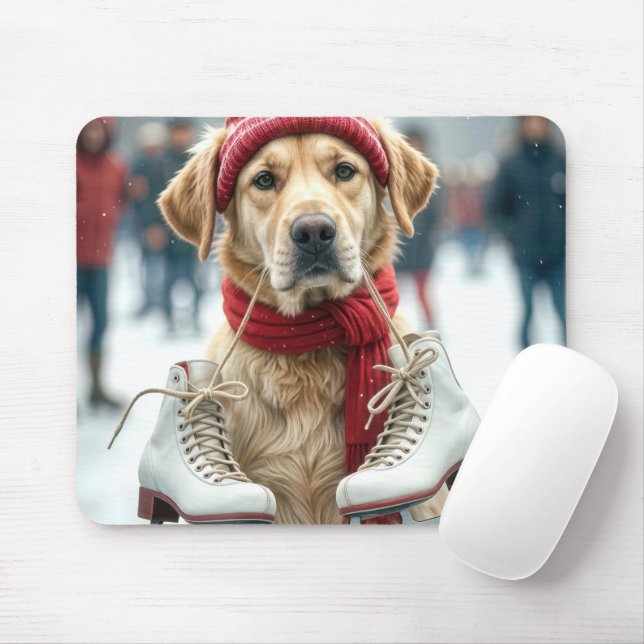 Golden Retriever With Ice Skates Mouse Mat (With Mouse)