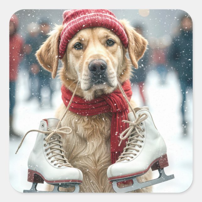 Golden Retriever With Ice Skates Square Sticker (Front)