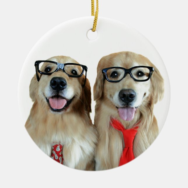 Golden Retriever With Nerd Glasses Ceramic Tree Decoration (Front)