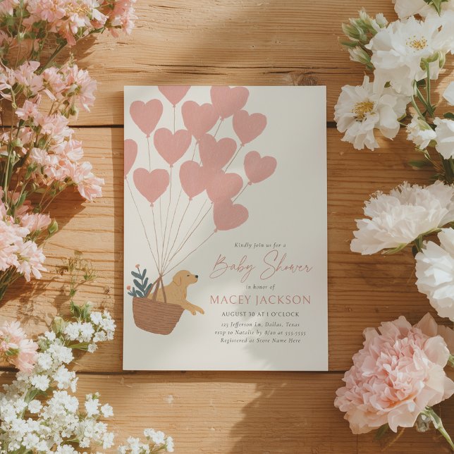 Golden Retriever with Pink Balloons Baby Shower Invitation (Creator Uploaded)
