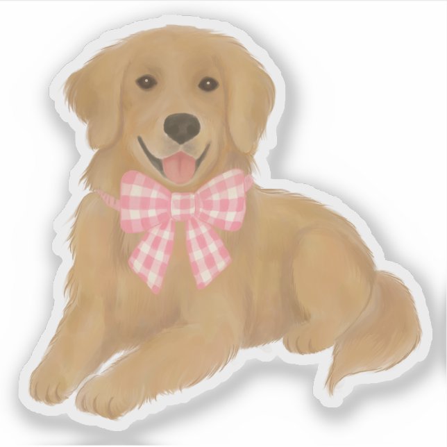 Golden Retriever with Pink Gingham Bow Party Favou (Front)